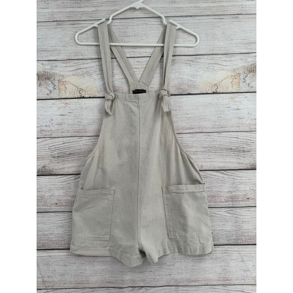 Miou Muse Linen Blend Overall Shortalls Womens Medium Beige Tan 2 Pocket